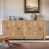 Indian Handmade Solid Wood Carved 4 Doors Sideboard Natural